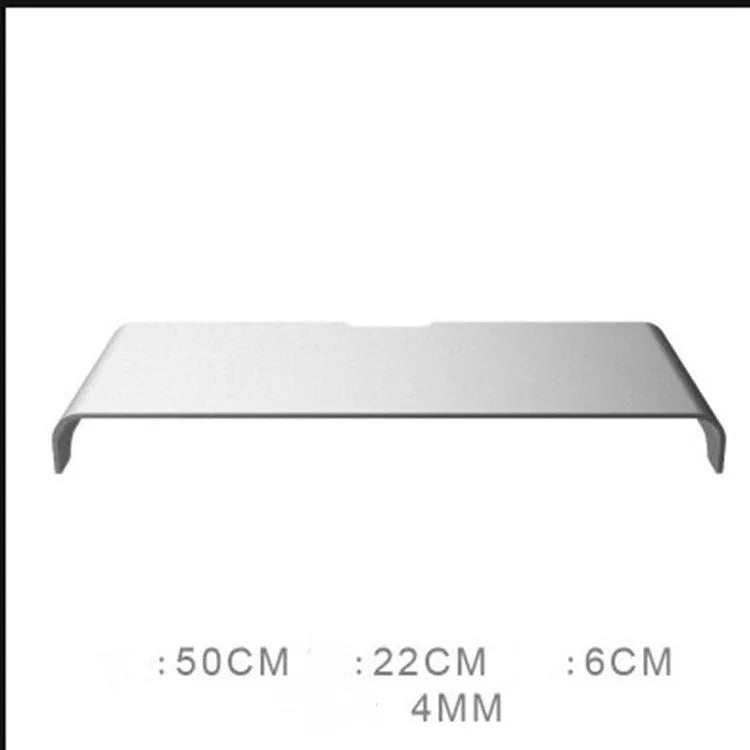 Silver aluminium alloy monitor riser with dimensions 50x22x6cm on a desk
