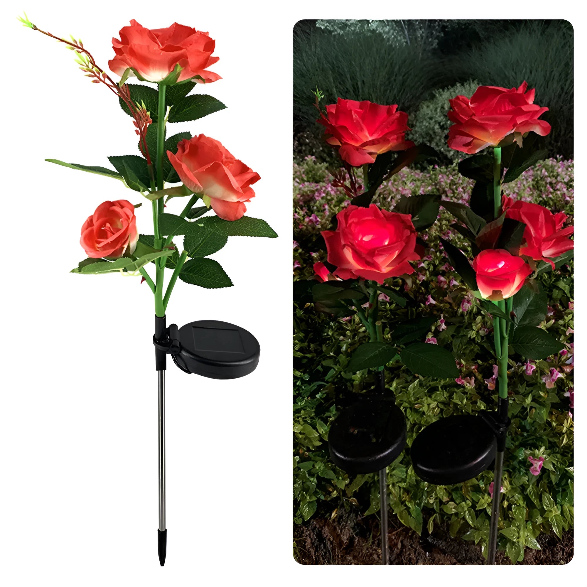 Solar rose garden lamp with three flower heads on 80cm stem for outdoor lighting