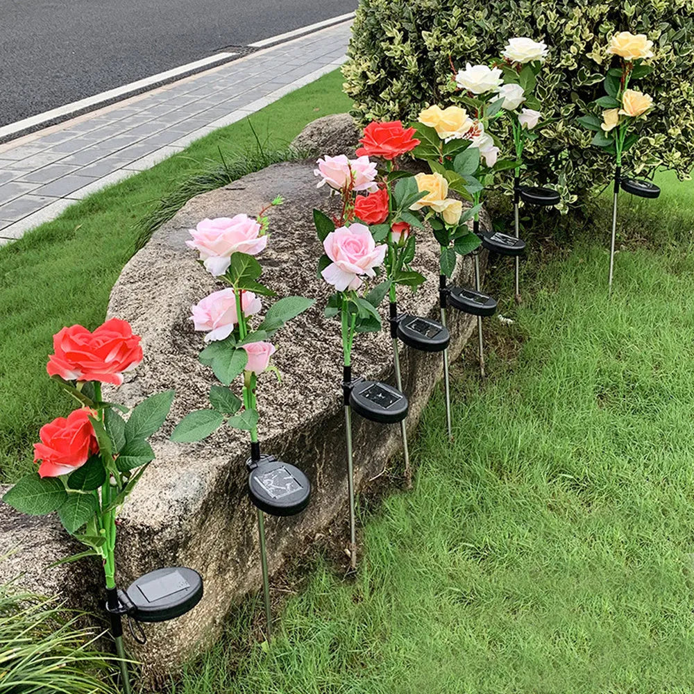Solar rose garden lamp with three flower heads on 80cm stem for outdoor lighting