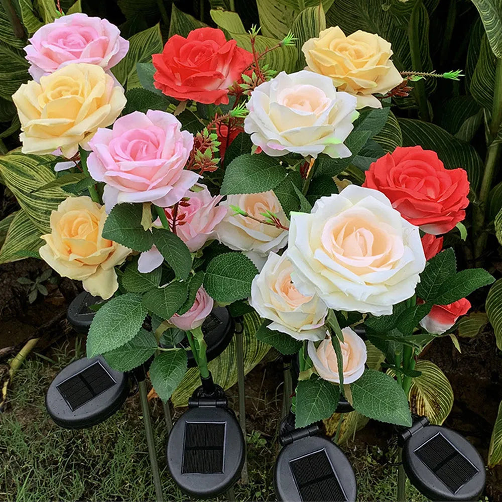 Solar rose garden lamp with three flower heads on 80cm stem for outdoor lighting