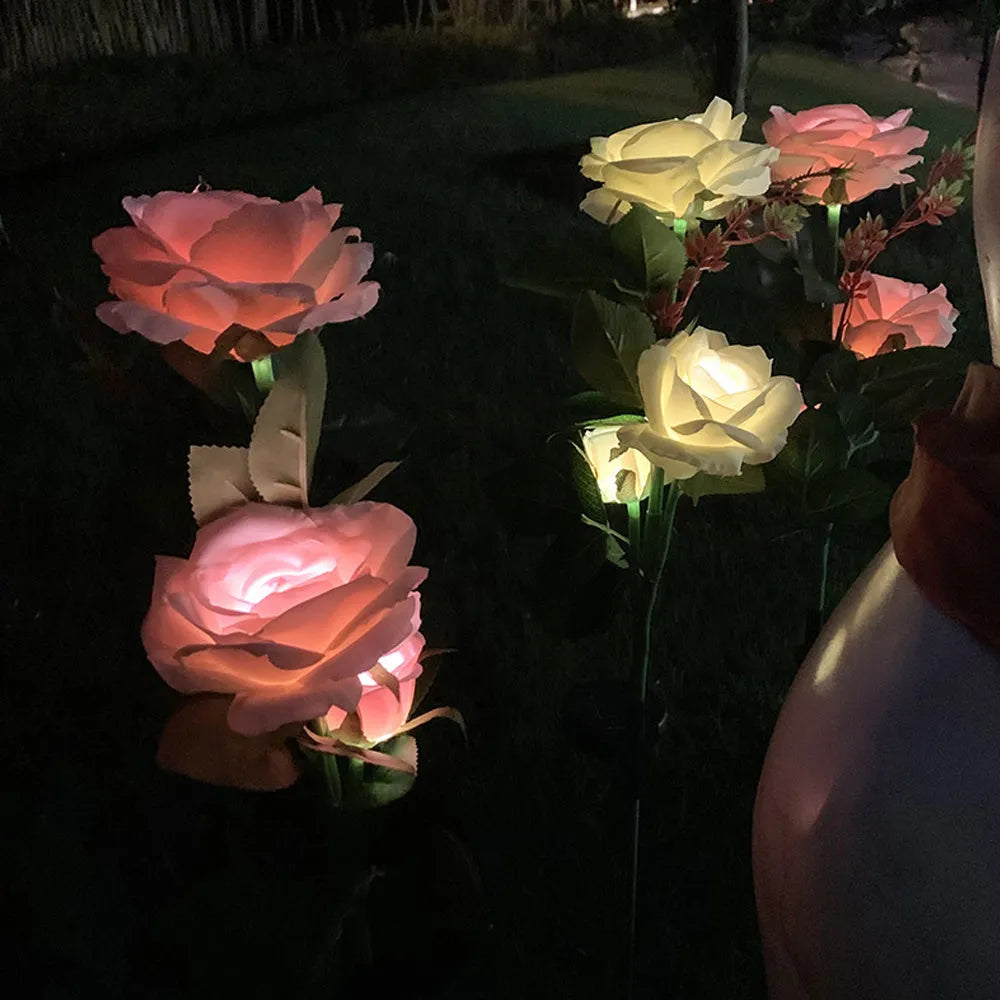 Solar rose garden lamp with three flower heads on 80cm stem for outdoor lighting