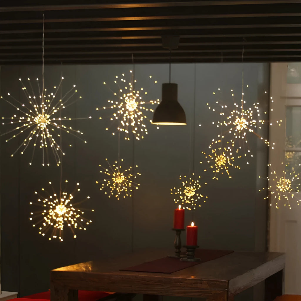 Solar powered LED meteor shower light with warm white starry explosion effect for indoor outdoor decoration