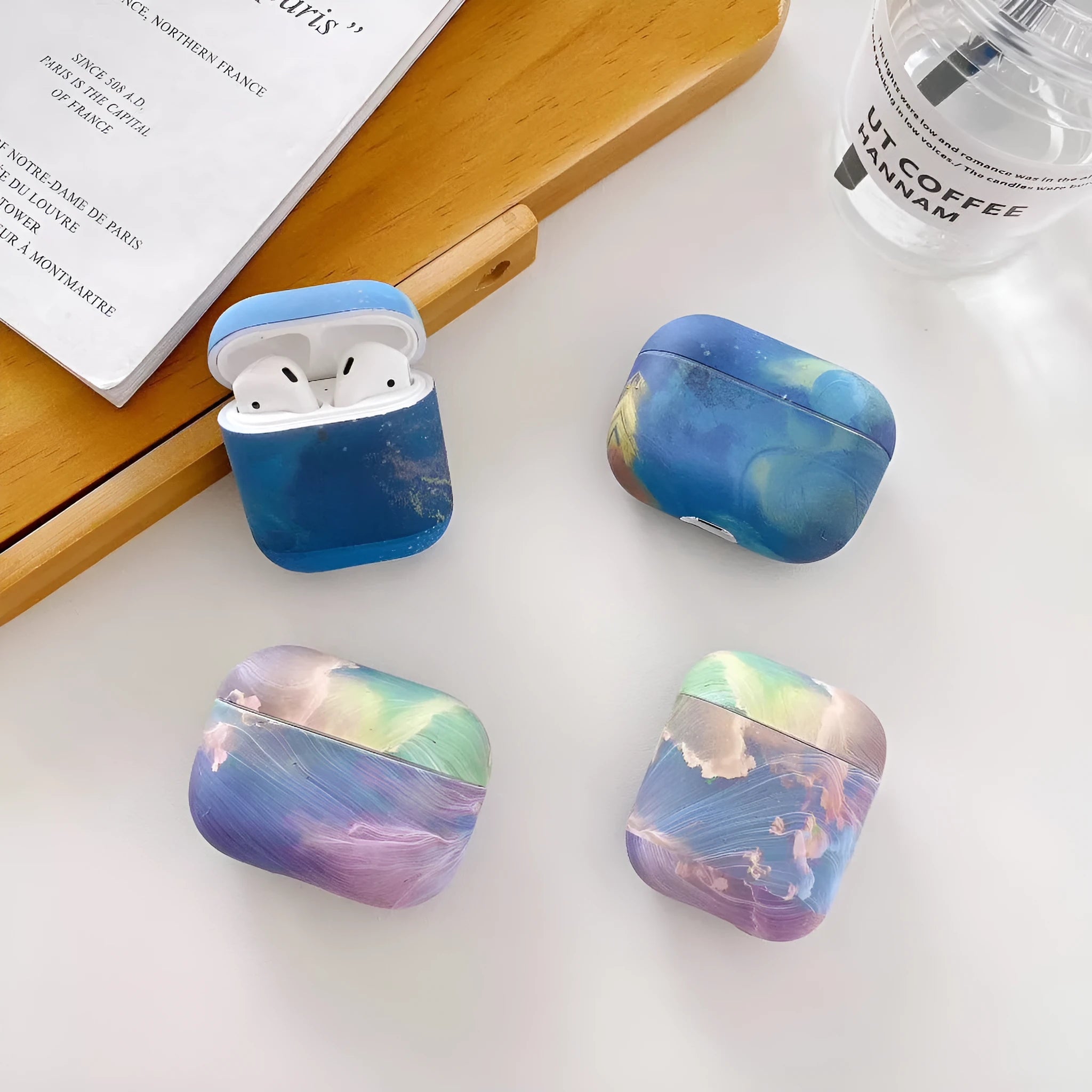 Pink and blue watercolour plastic hard shell protective sleeve for AirPods Pro and AirPods 1/2 earphone cases.