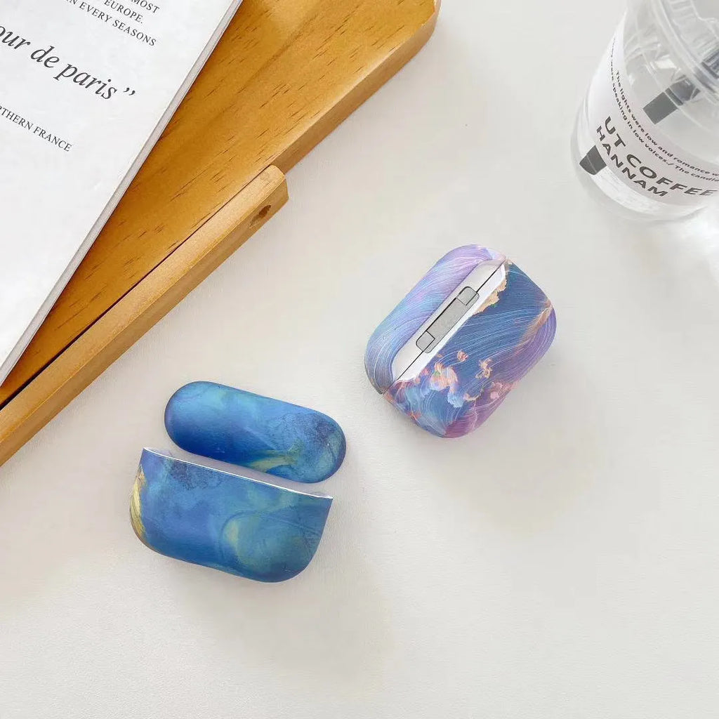 Pink and blue watercolour plastic hard shell protective sleeve for AirPods Pro and AirPods 1/2 earphone cases.