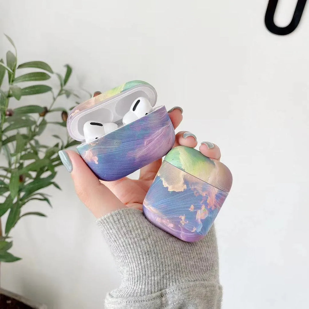 Pink and blue watercolour plastic hard shell protective sleeve for AirPods Pro and AirPods 1/2 earphone cases.