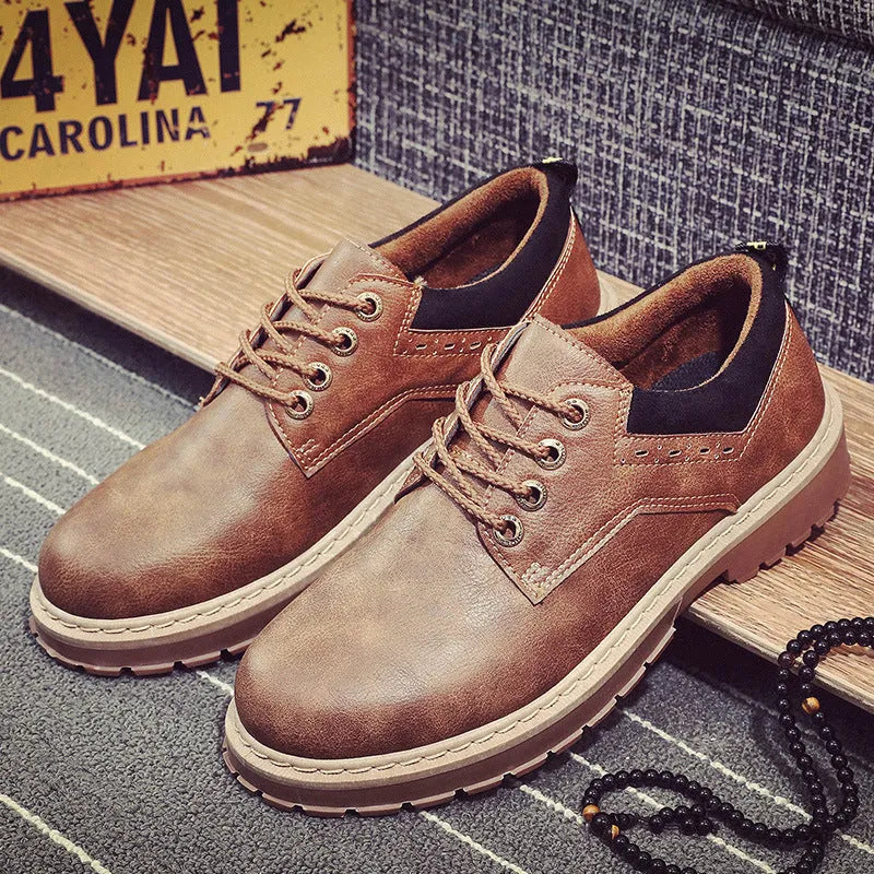 Men's round toe casual shoes in black with a PU upper, rubber sole, and front lace design.