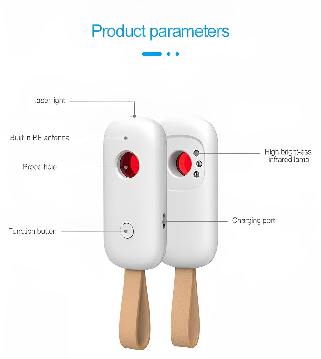 White New-T6 anti-sneak camera detector with ABS casing, 77x34x15mm, alarm mode for 50-3G MHz monitoring