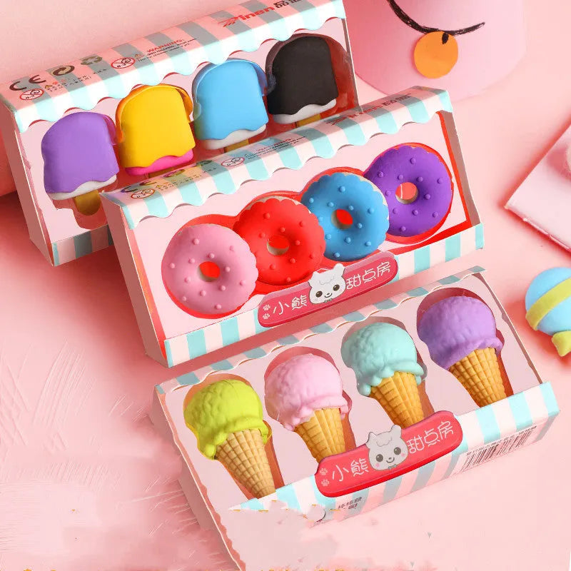 Three sets of cartoon erasers for kindergarten children featuring cones, ice creams, donuts and lollipops