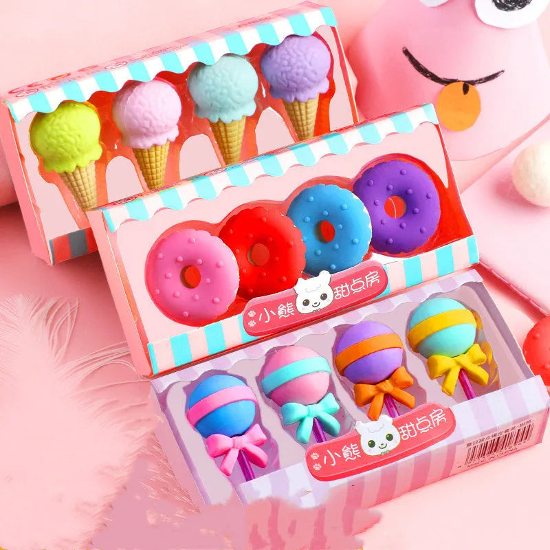 Three sets of cartoon erasers for kindergarten children featuring cones, ice creams, donuts and lollipops
