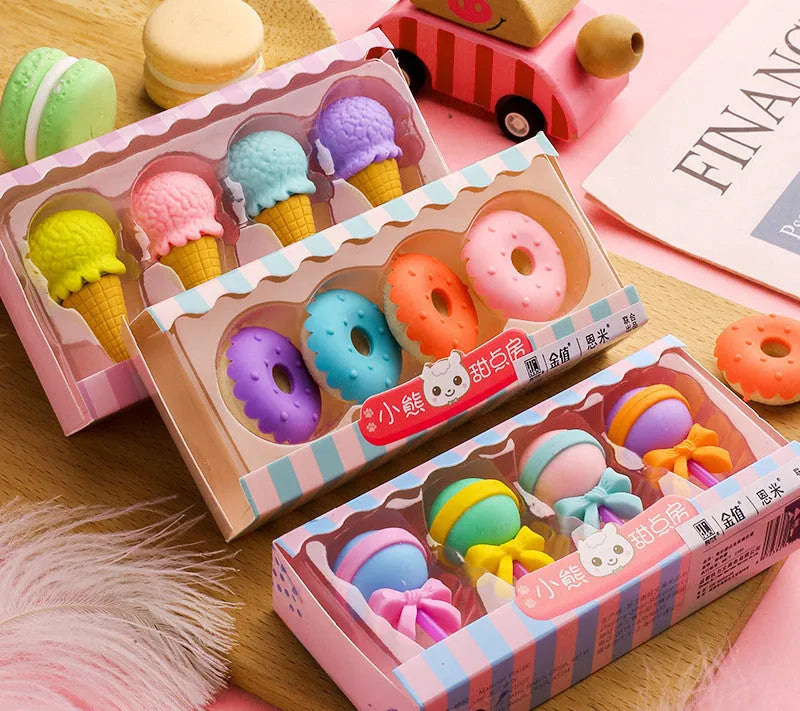 Three sets of cartoon erasers for kindergarten children featuring cones, ice creams, donuts and lollipops