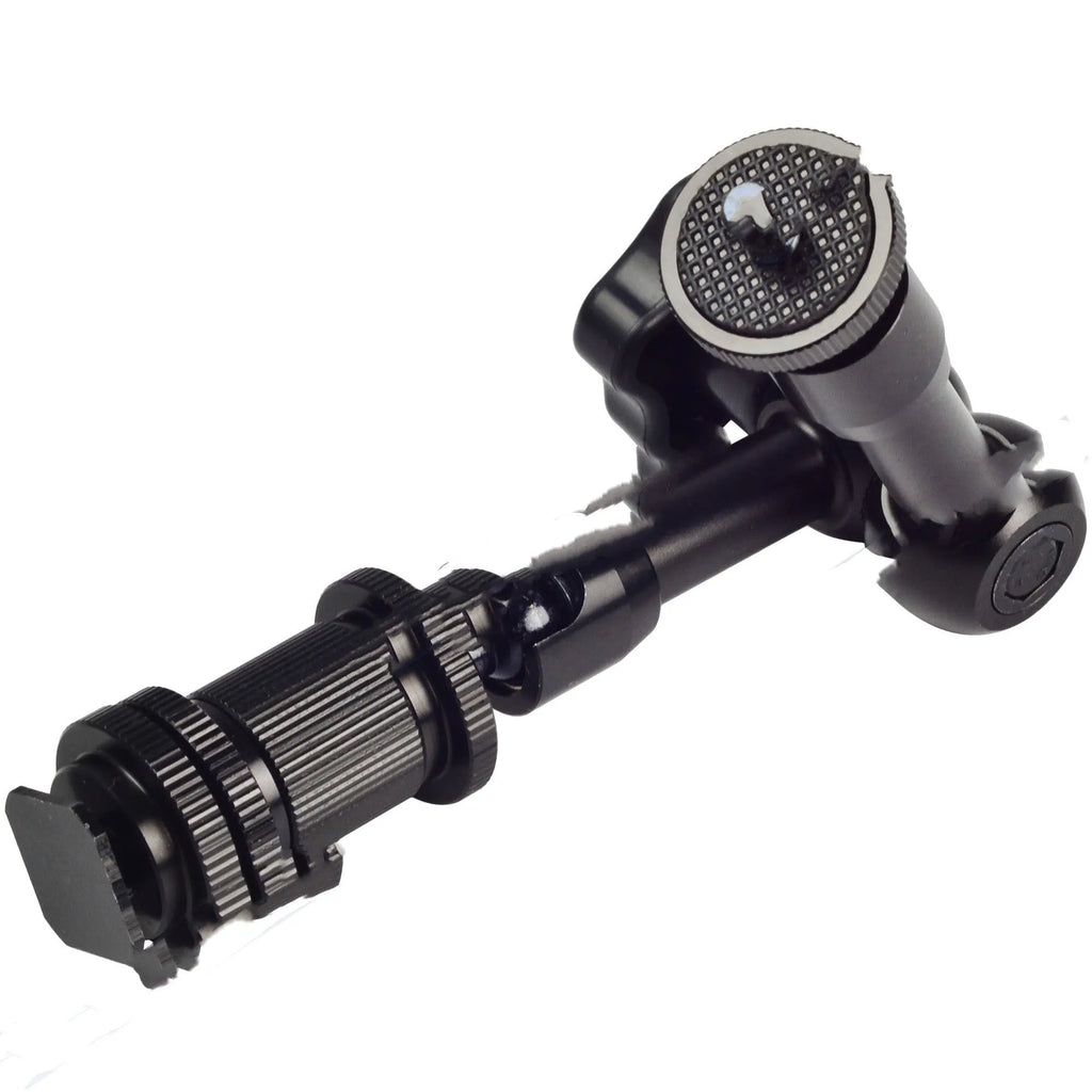 Black 7-inch metal magic friction articulating arm for DSLR cameras with ball heads.