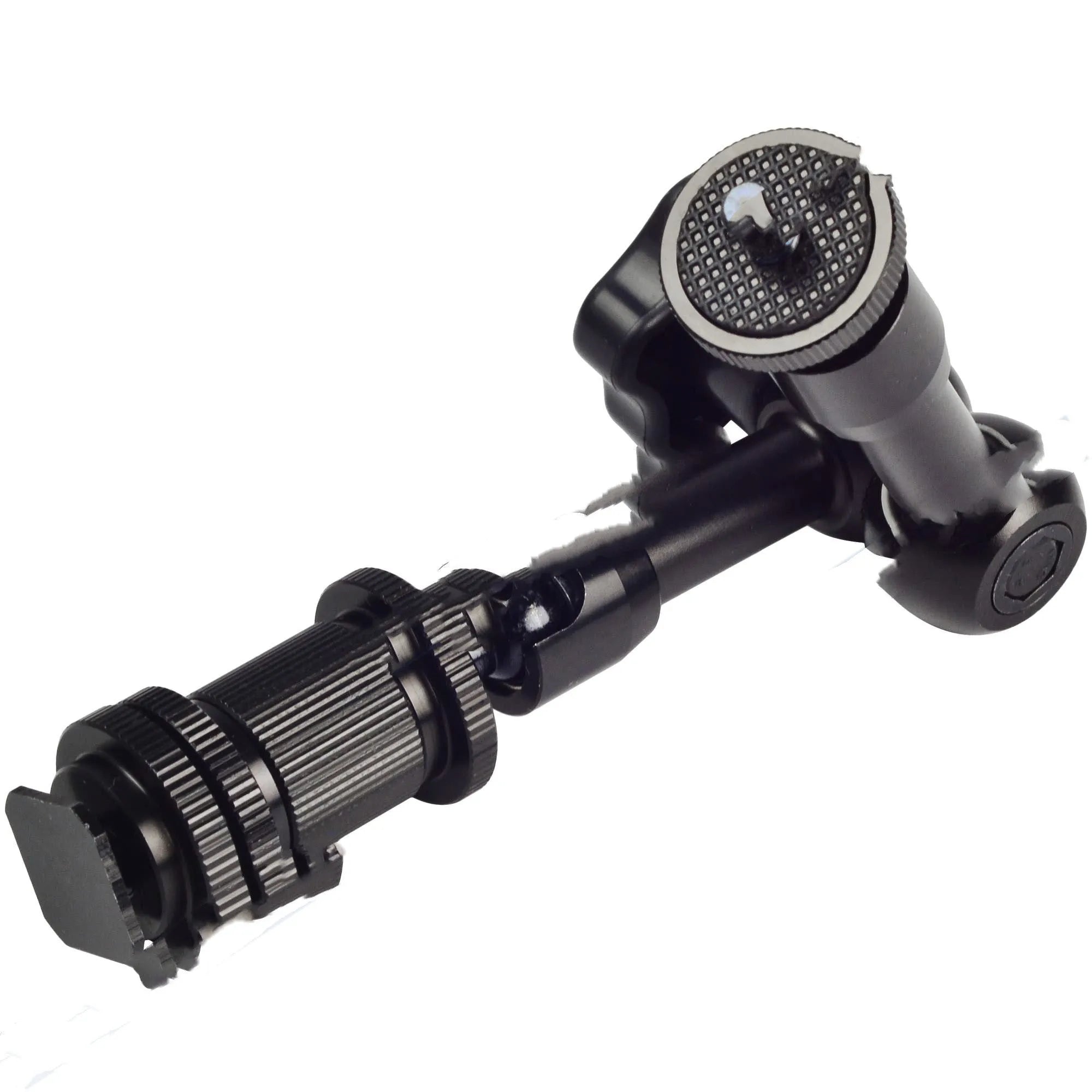 Black 7-inch metal magic friction articulating arm for DSLR cameras with ball heads.