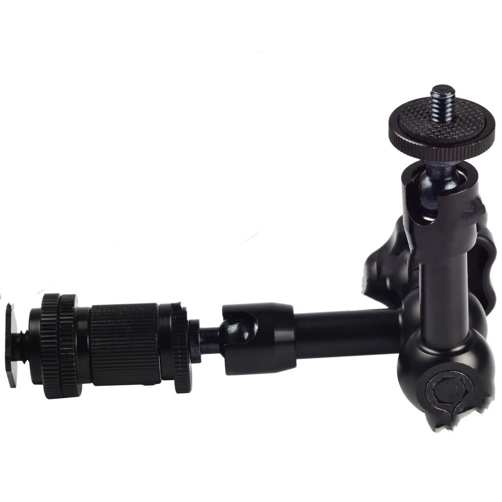 Black 7-inch metal magic friction articulating arm for DSLR cameras with ball heads.