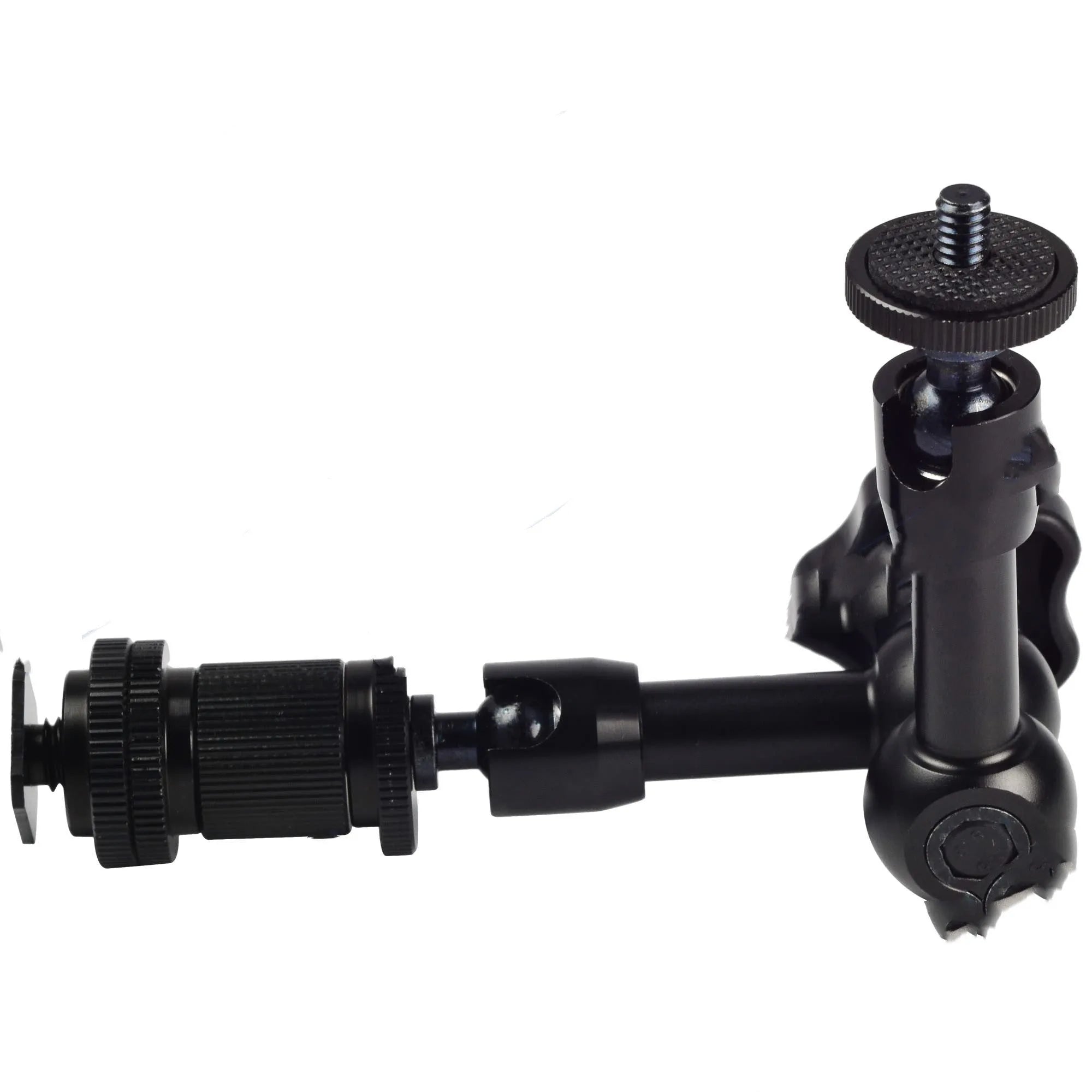 Black 7-inch metal magic friction articulating arm for DSLR cameras with ball heads.