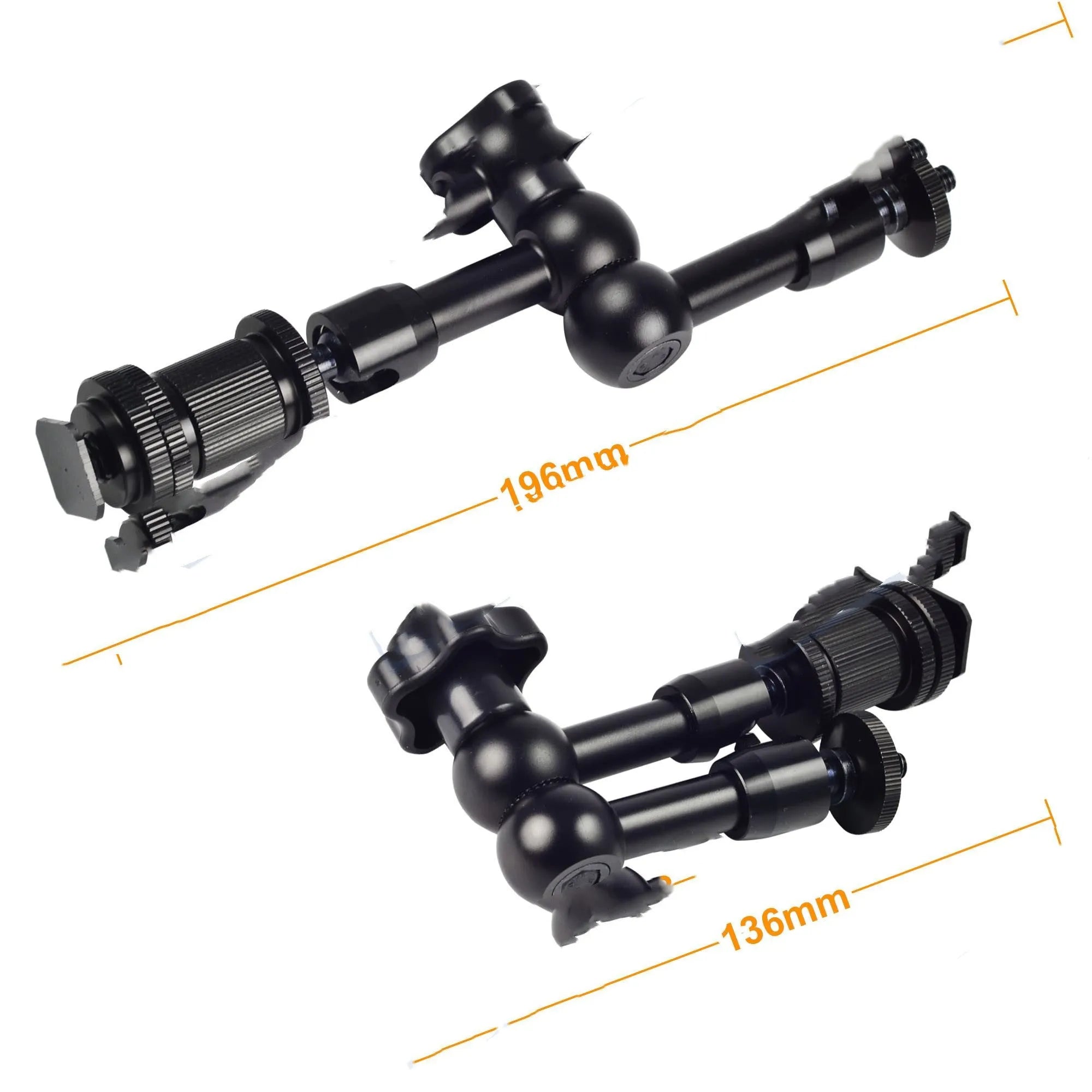 Black 7-inch metal magic friction articulating arm for DSLR cameras with ball heads.