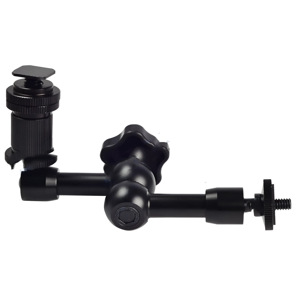 Black 7-inch metal magic friction articulating arm for DSLR cameras with ball heads.