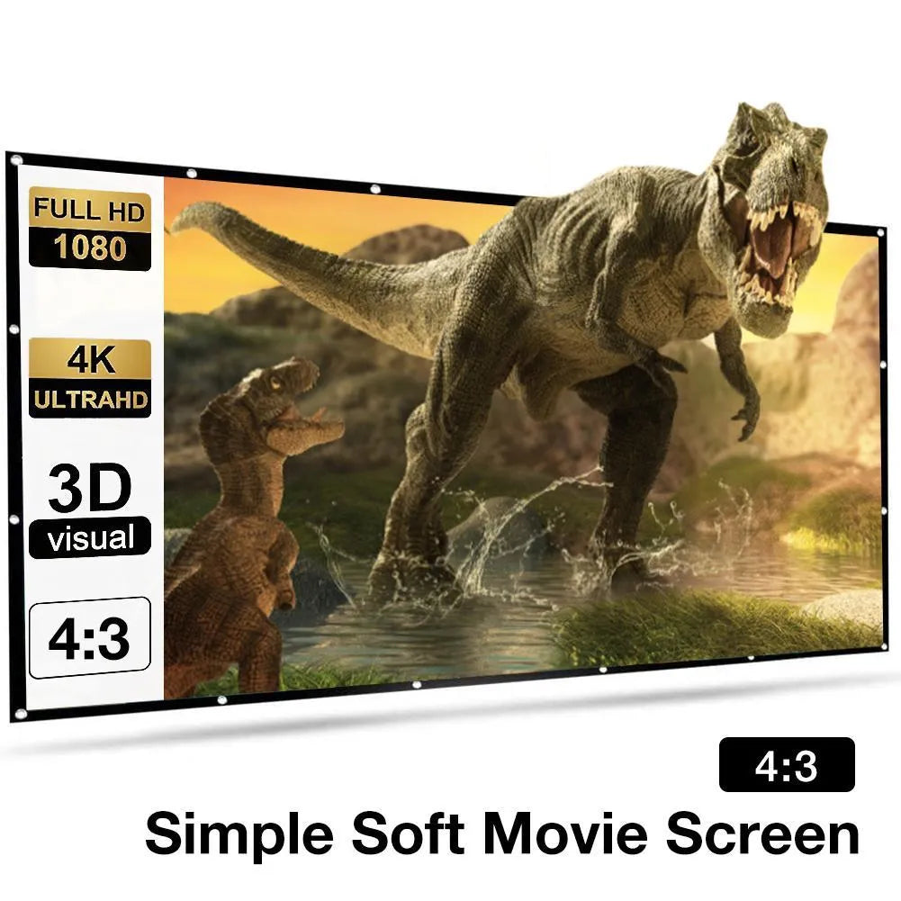 White foldable polyester projector screen showing 150-inch 4:3 dimensions