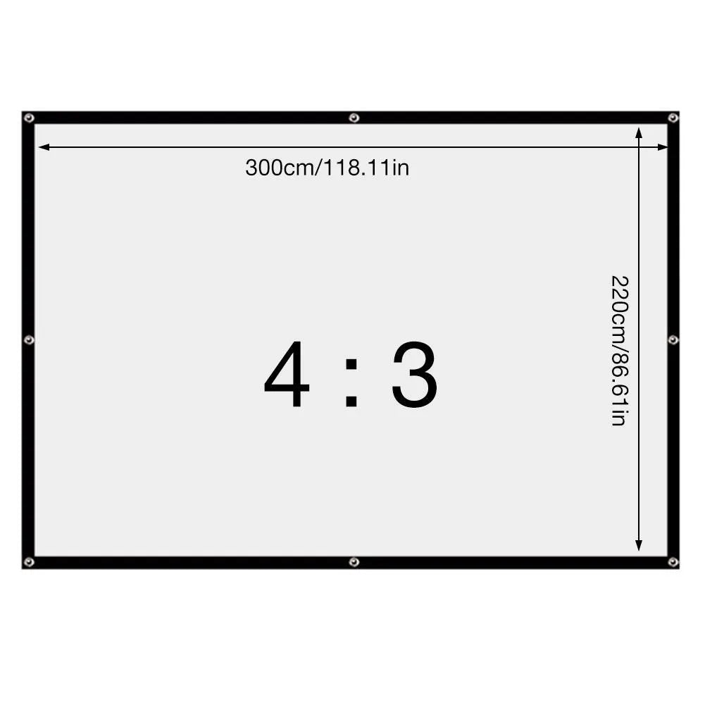 White foldable polyester projector screen showing 150-inch 4:3 dimensions