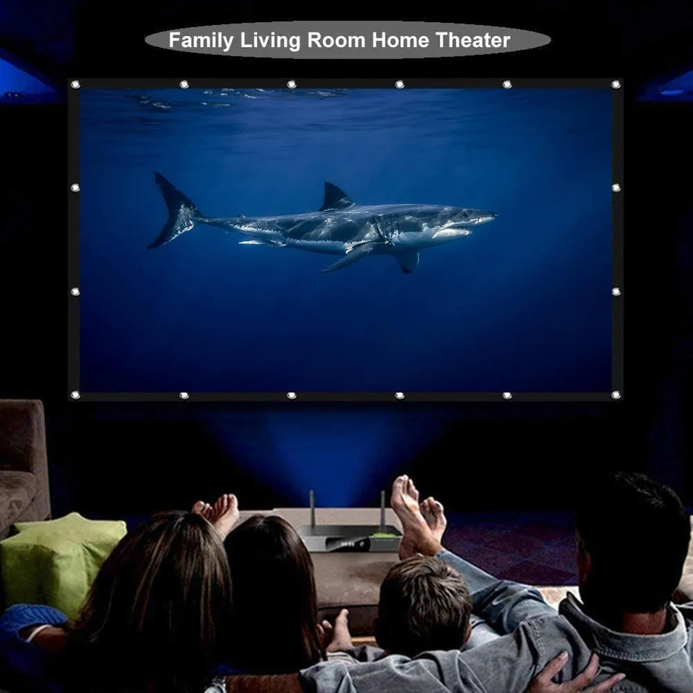 White foldable polyester projector screen showing 150-inch 4:3 dimensions