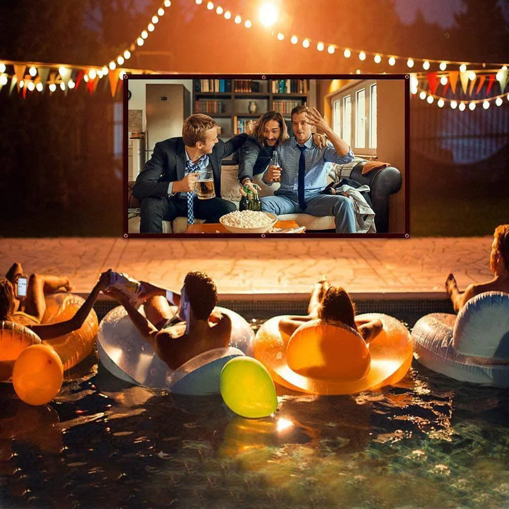 White foldable polyester projector screen showing 150-inch 4:3 dimensions