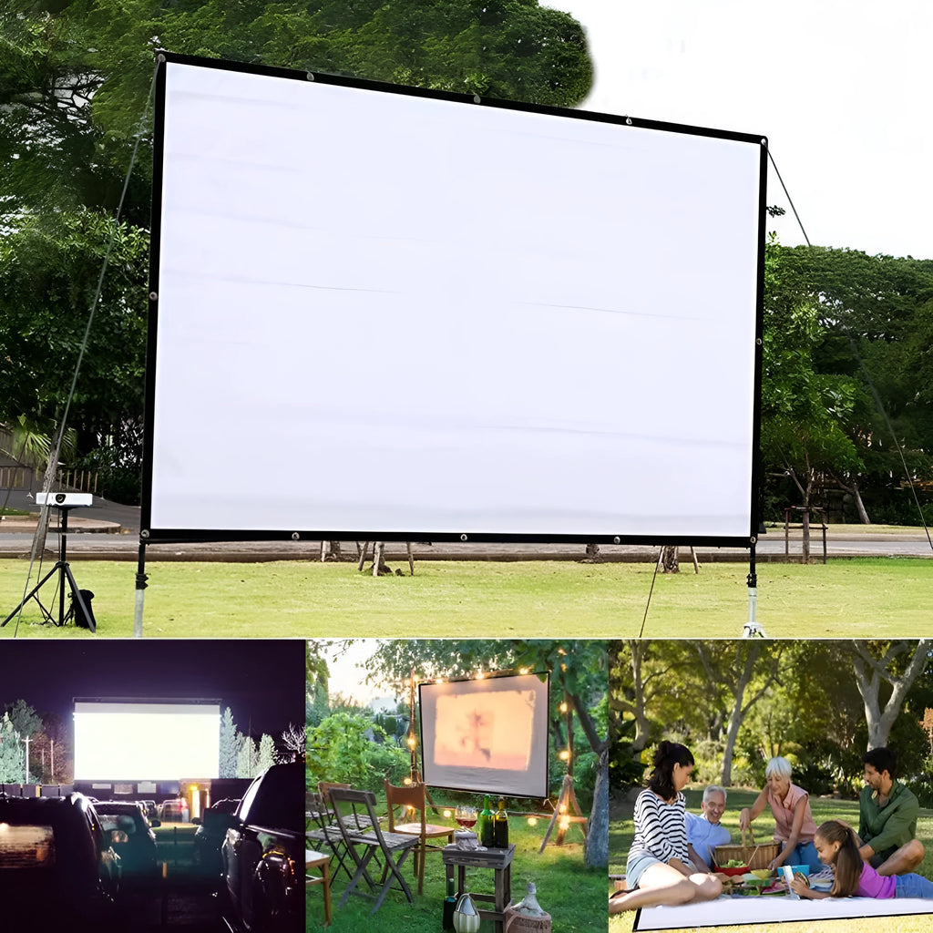 White foldable polyester projector screen showing 150-inch 4:3 dimensions
