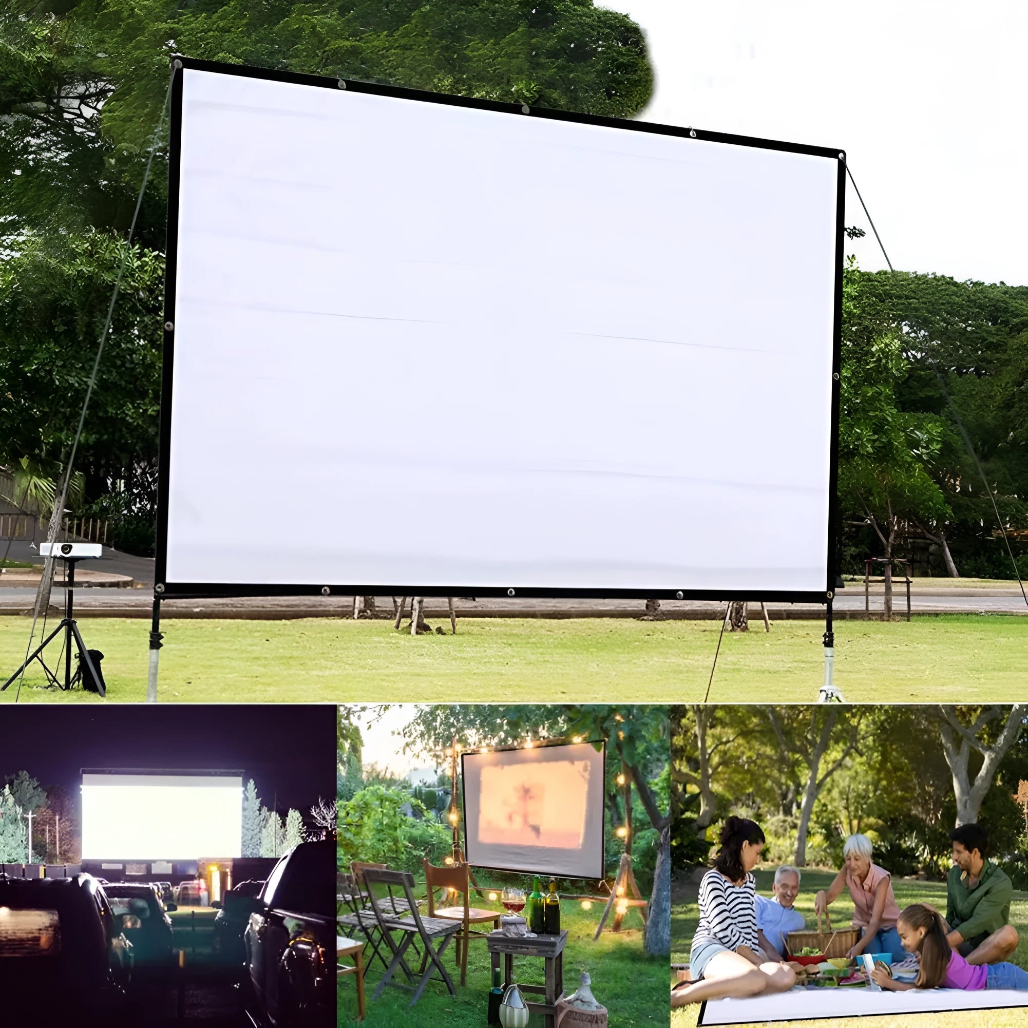 White foldable polyester projector screen showing 150-inch 4:3 dimensions