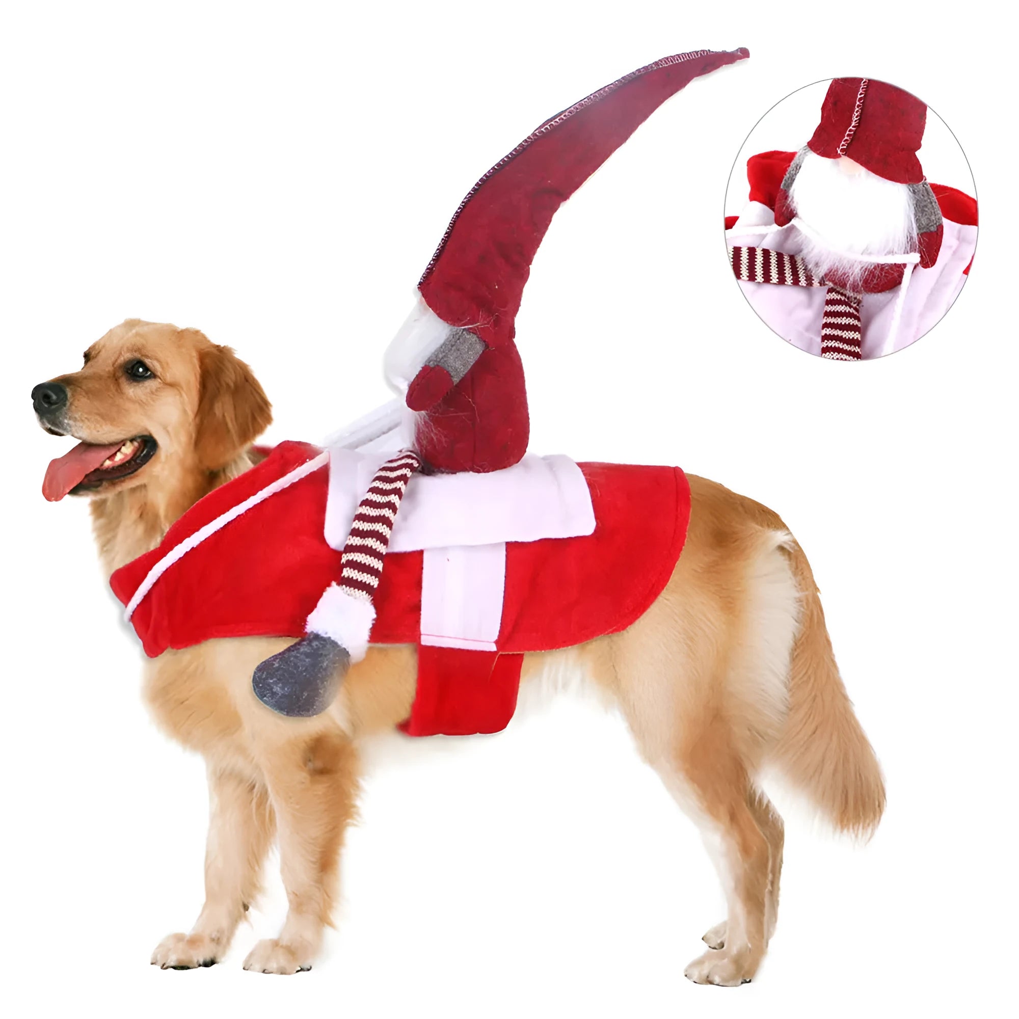 Red flannel pet Christmas riding transformation costume with Santa style and Velcro fastenings