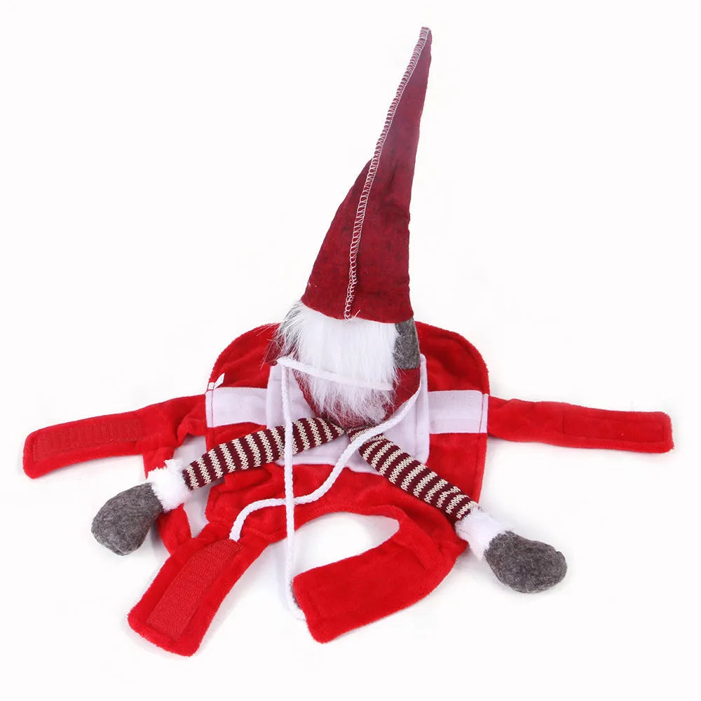 Red flannel pet Christmas riding transformation costume with Santa style and Velcro fastenings