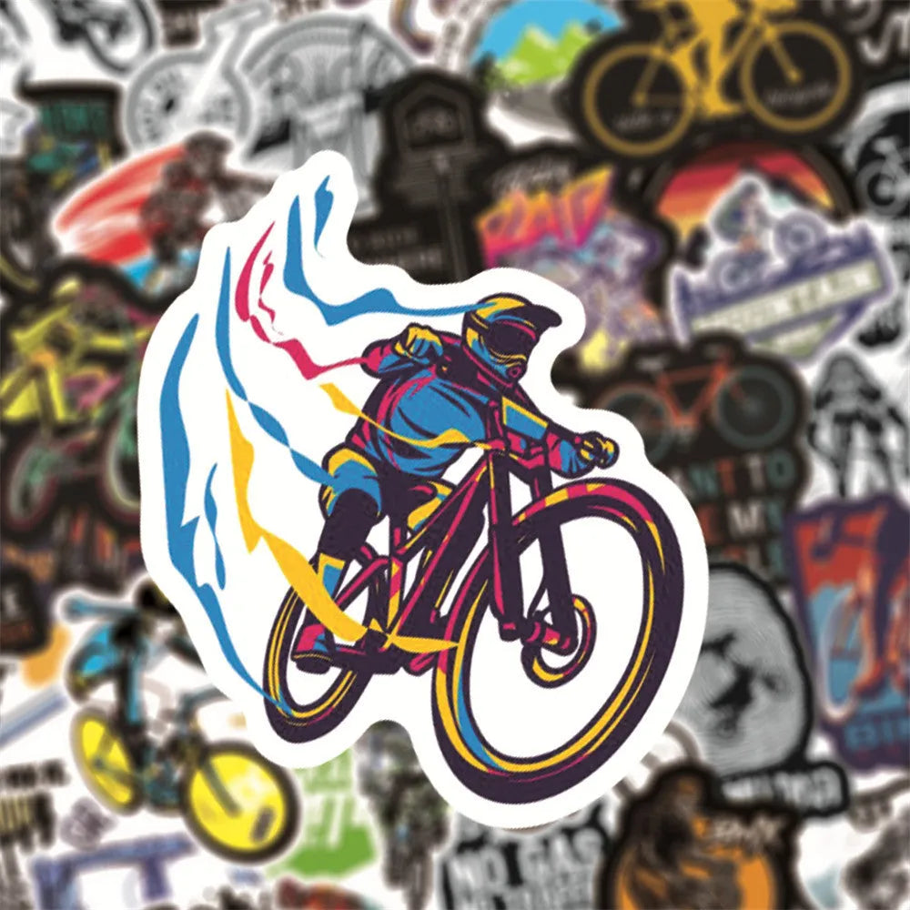 Pack of 50 colourful bicycle and mountain bike themed vinyl stickers for helmet and frame customisation.