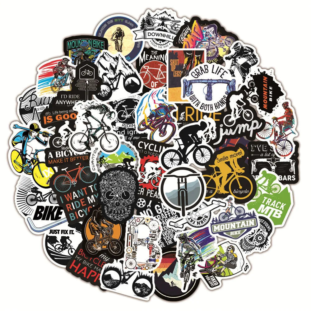Pack of 50 colourful bicycle and mountain bike themed vinyl stickers for helmet and frame customisation.