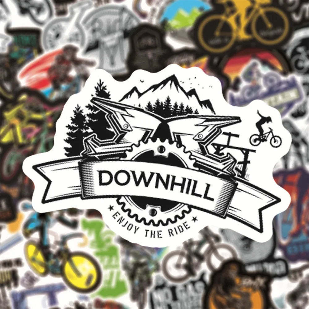 Pack of 50 colourful bicycle and mountain bike themed vinyl stickers for helmet and frame customisation.