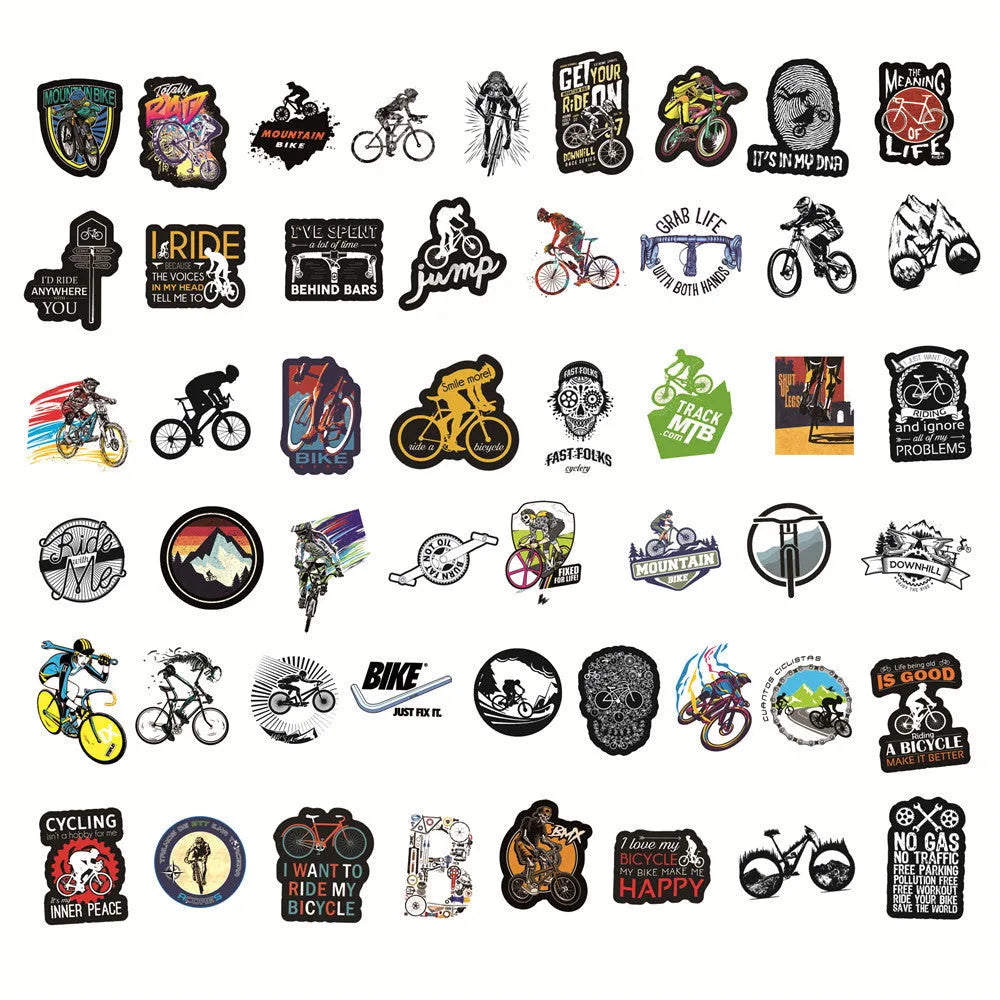Pack of 50 colourful bicycle and mountain bike themed vinyl stickers for helmet and frame customisation.