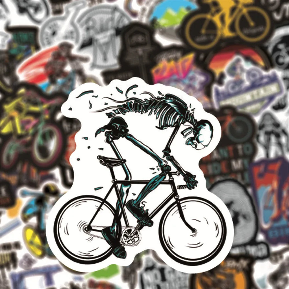 Pack of 50 colourful bicycle and mountain bike themed vinyl stickers for helmet and frame customisation.