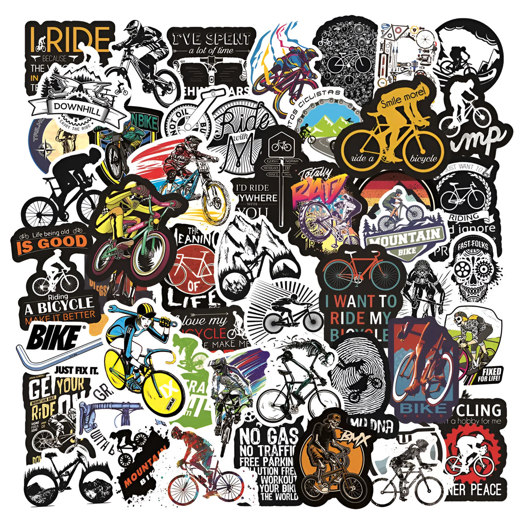 Pack of 50 colourful bicycle and mountain bike themed vinyl stickers for helmet and frame customisation.