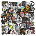 Pack of 50 colourful bicycle and mountain bike themed vinyl stickers for helmet and frame customisation.