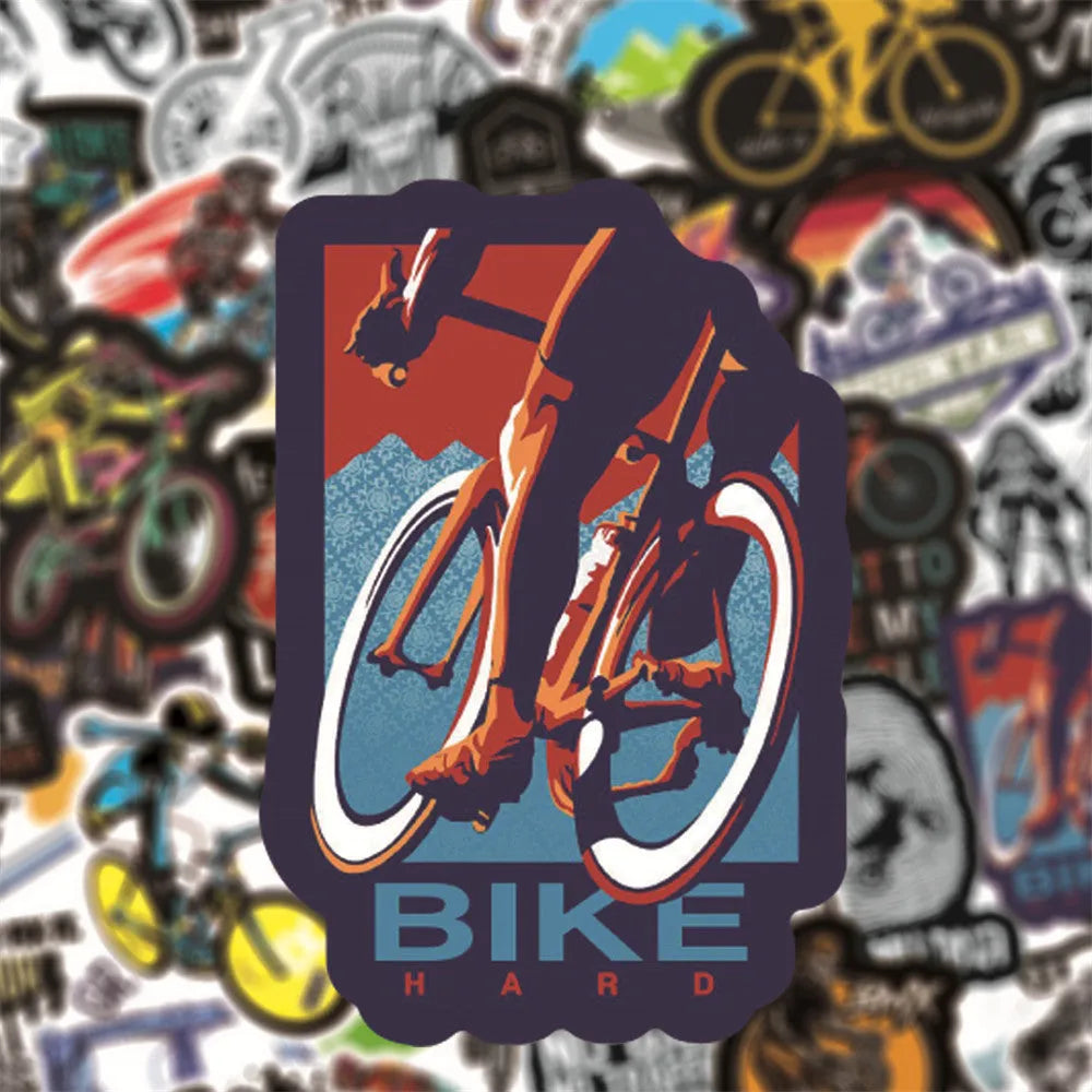 Pack of 50 colourful bicycle and mountain bike themed vinyl stickers for helmet and frame customisation.