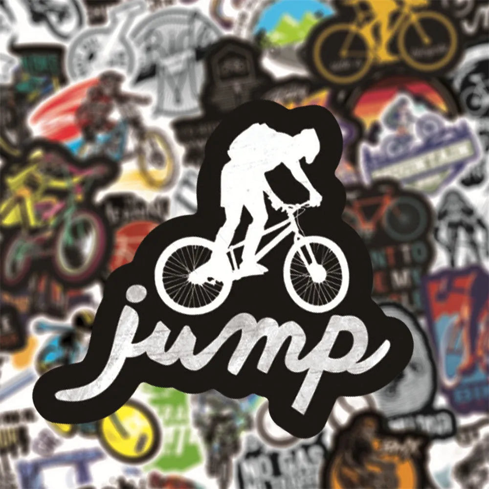Pack of 50 colourful bicycle and mountain bike themed vinyl stickers for helmet and frame customisation.