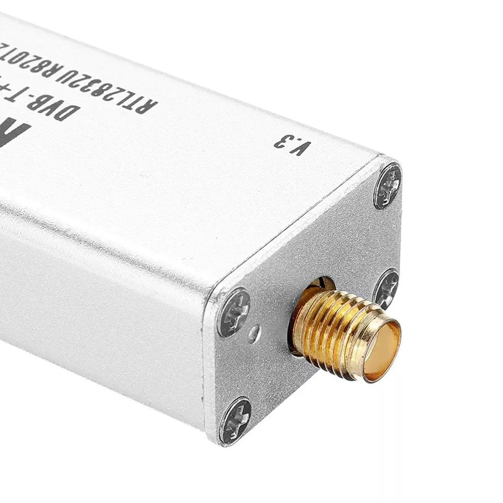 Black metal A300U all-band software-defined radio receiver with golden SMA connector