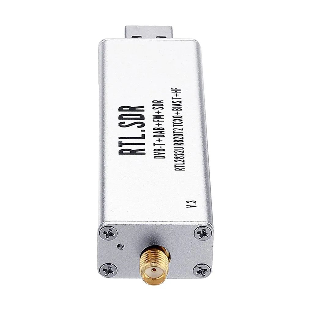 Black metal A300U all-band software-defined radio receiver with golden SMA connector