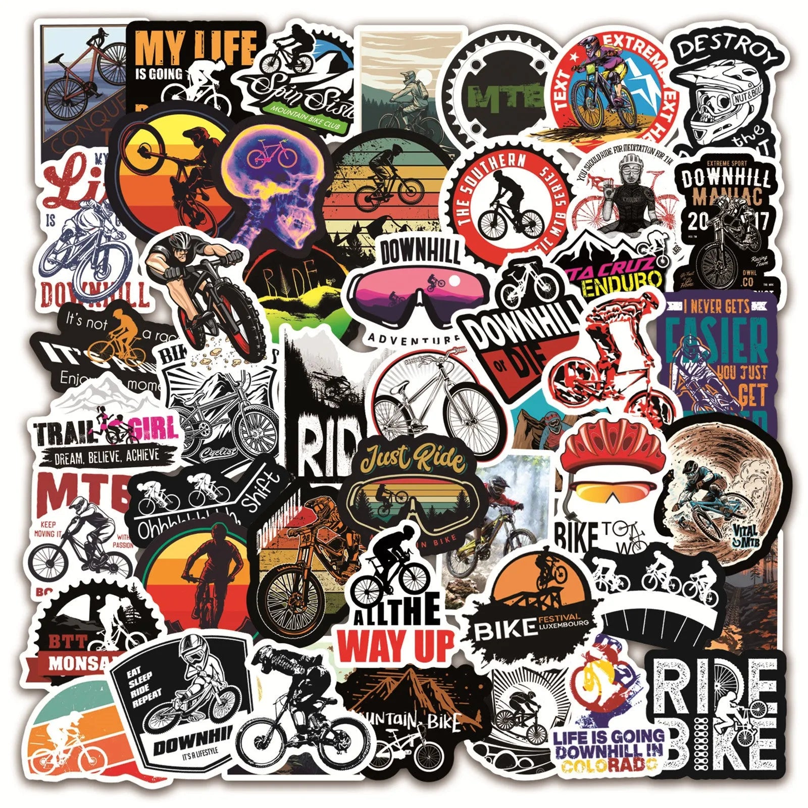 Pack of 50 colourful bicycle and mountain bike themed vinyl stickers for helmet and frame customisation.