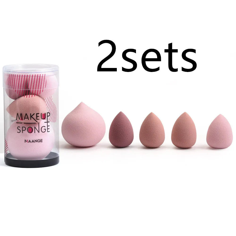 Five mini beauty eggs cosmetic sponges in blue pink and purple with flocking velour surface