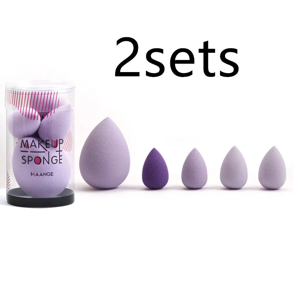 Five mini beauty eggs cosmetic sponges in blue pink and purple with flocking velour surface