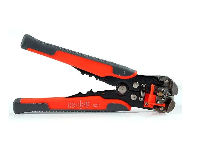 Yellow automatic wire stripper and crimping tool with self-adjusting jaws and integrated cutter