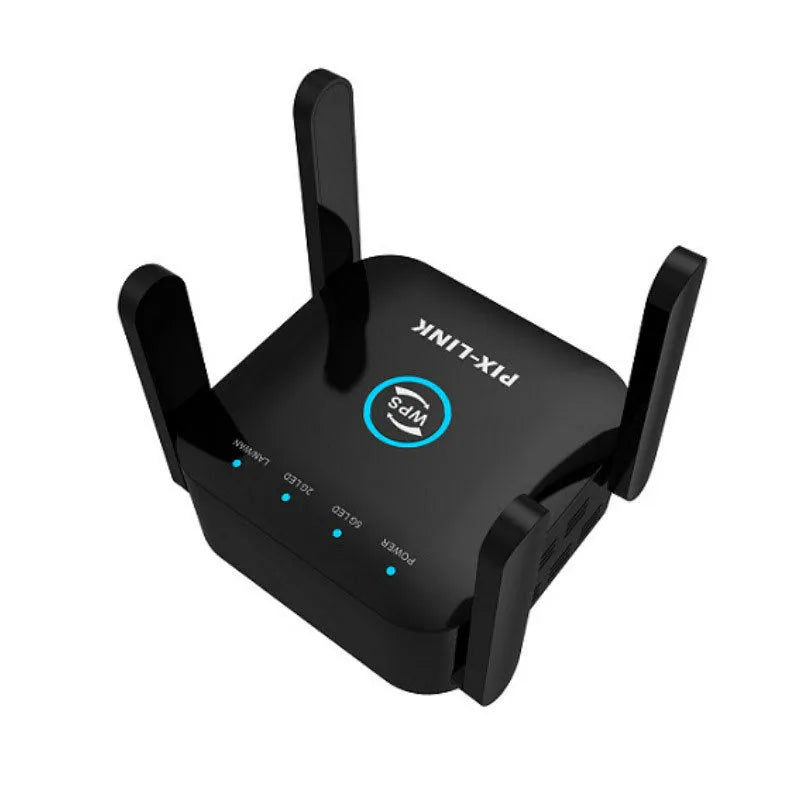 PIXLINK AC24 Dual Frequency Wireless WiFi Extender in black or white with regional power adapter.