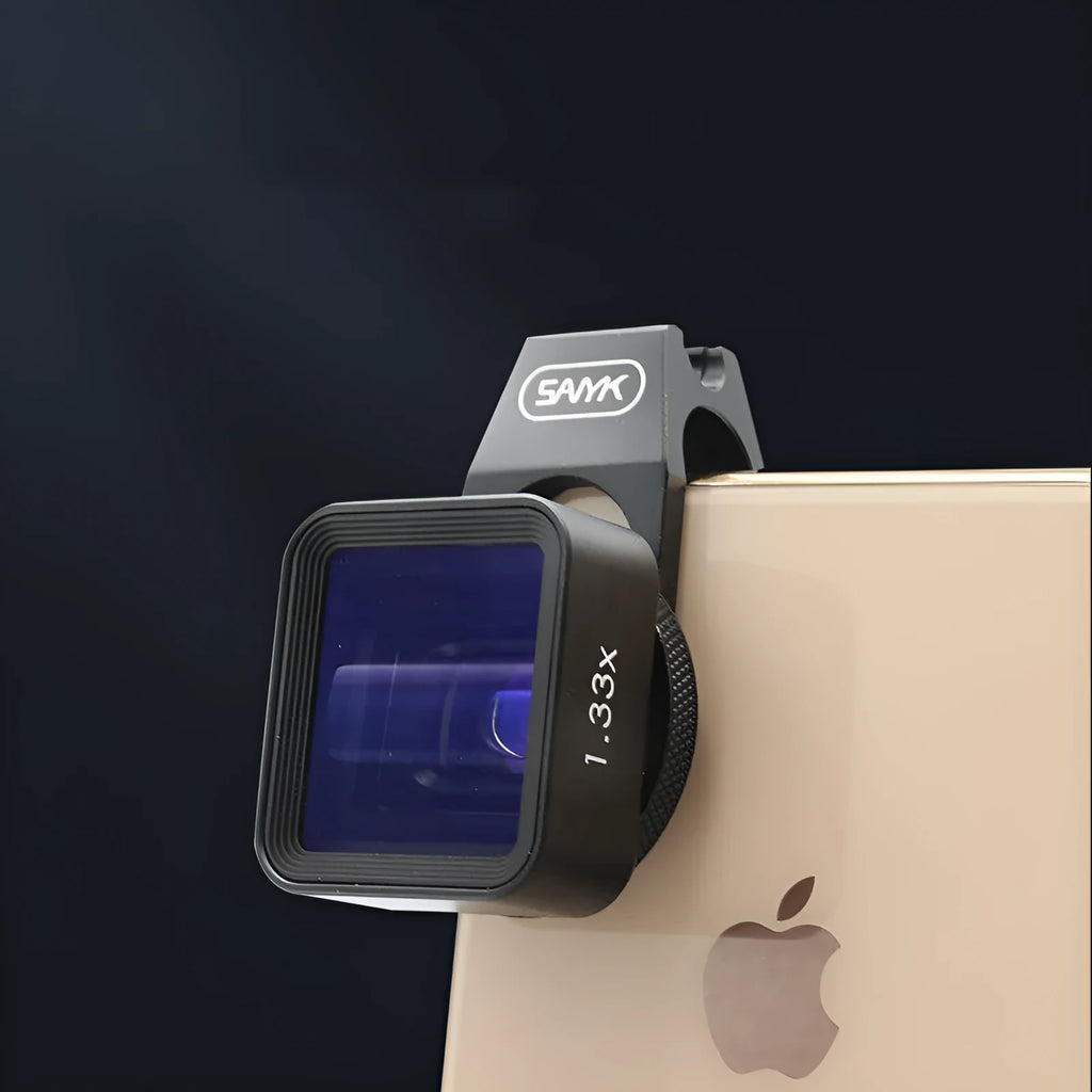 Black SANYK 1.33x anamorphic smartphone lens for cinematic widescreen video with 2.40:1 aspect ratio