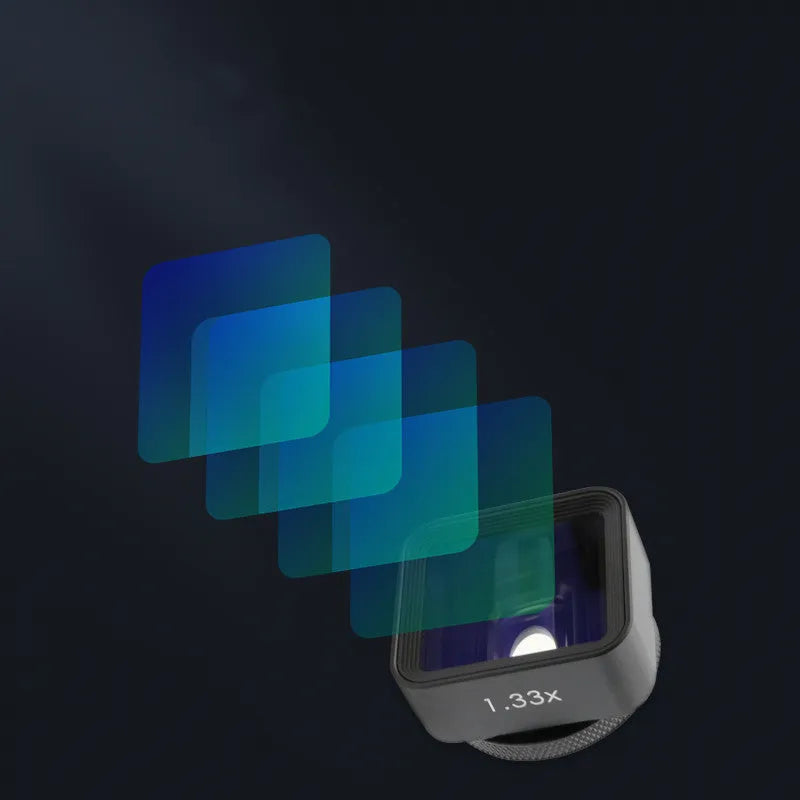 Black SANYK 1.33x anamorphic smartphone lens for cinematic widescreen video with 2.40:1 aspect ratio