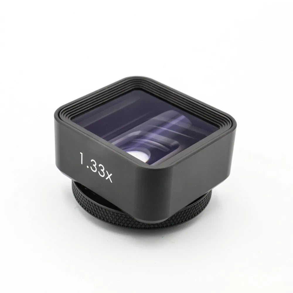 Black SANYK 1.33x anamorphic smartphone lens for cinematic widescreen video with 2.40:1 aspect ratio