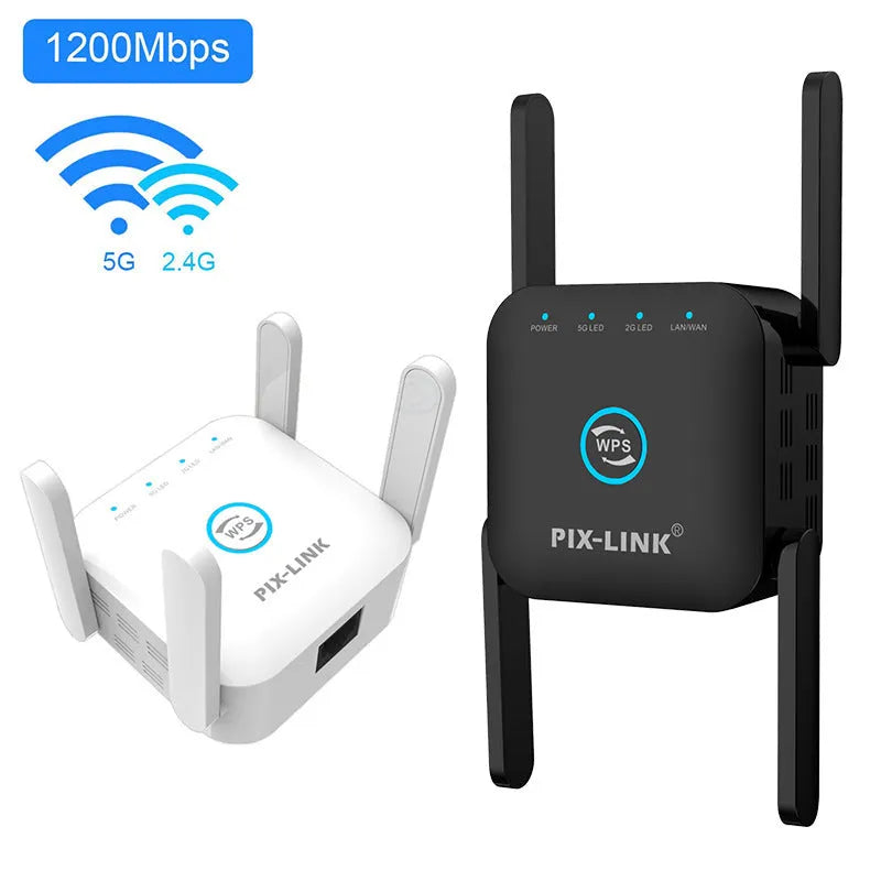 PIXLINK AC24 Dual Frequency Wireless WiFi Extender in black or white with regional power adapter.