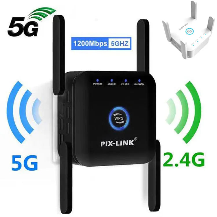 PIXLINK AC24 Dual Frequency Wireless WiFi Extender in black or white with regional power adapter.