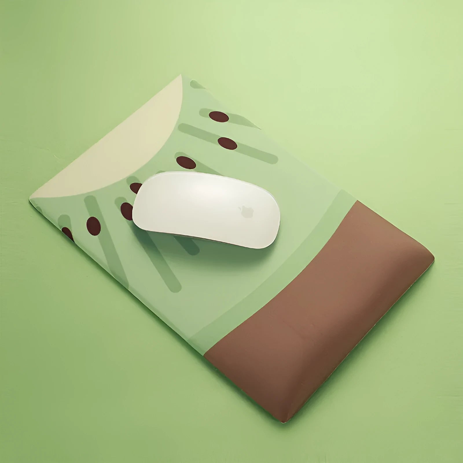 Kiwi-themed wrist support mouse pad with 20mm thick cushion measuring 270mm by 180mm